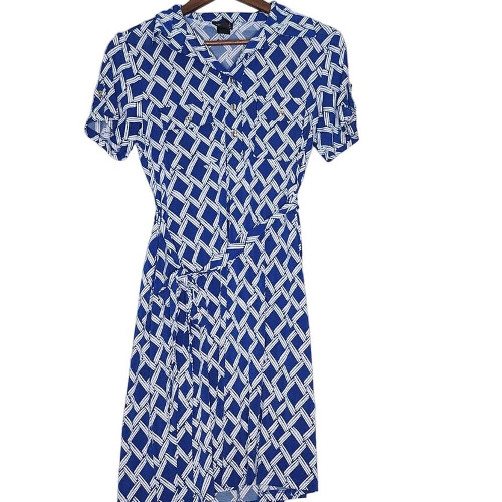 EnFocus Studio Blue & White Geometric print Soft pull over V neck Dress Size 10‎